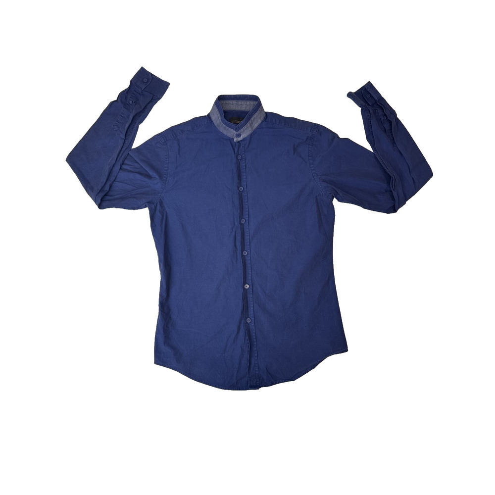 Zara Man Slim Fit Blue Button-Down Shirt Modern Minimalist Stand Collar Small